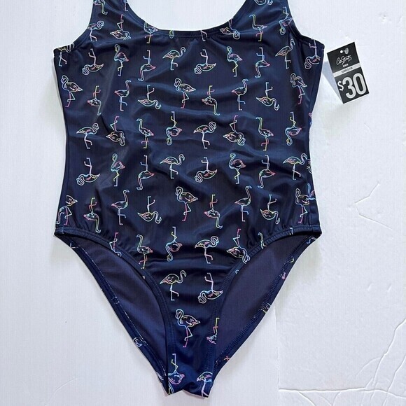 City Streets Women's One-Piece Navy-Blue Swimsuit with Neon Flamingo Print - Picture 7 of 12